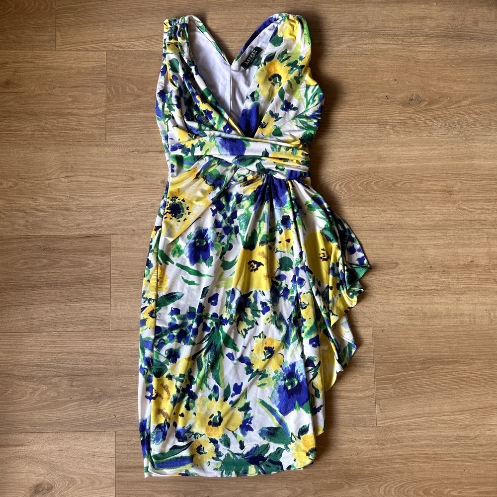 Lauren Ralph Lauren Floral Sheath Dress Blue Yellow Faux Wrap Ruffle V-Neck 2